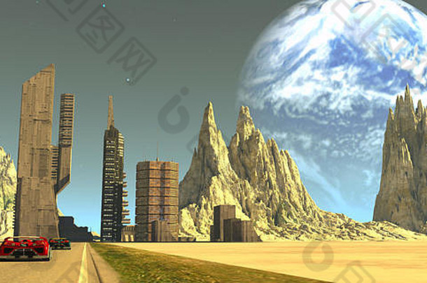 柱子月亮地球织机大天空殖民地摩天大楼未来发展月亮