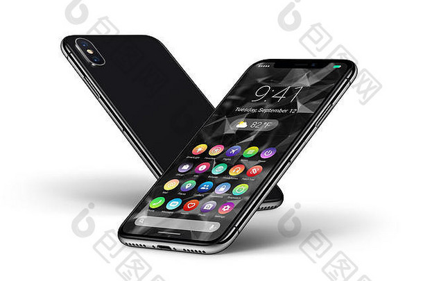 的角度来看黑色的智能手机材料设计平接口前面一边回来一边安卓电话概念