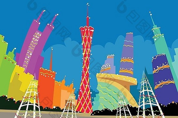 广州中国摘要天际线城市摩天大楼圣诞节轮廓一年