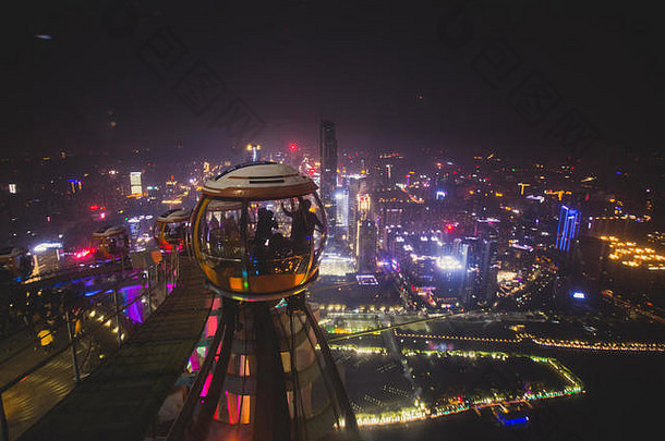 美丽的广角晚上空中视图广州珠江小镇金融区广东中国天际线风景城市