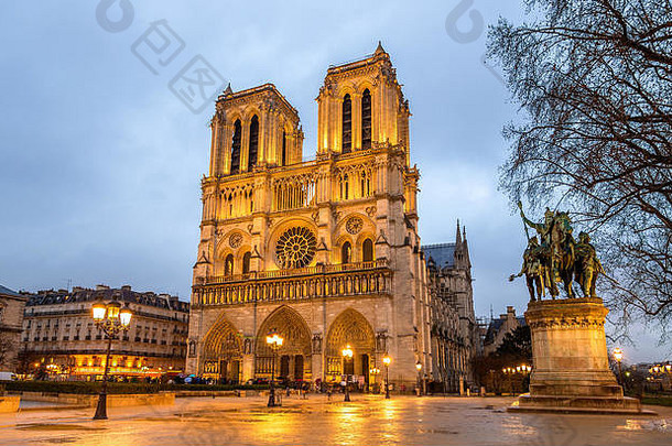 晚上视图巴黎圣母院巴黎法国