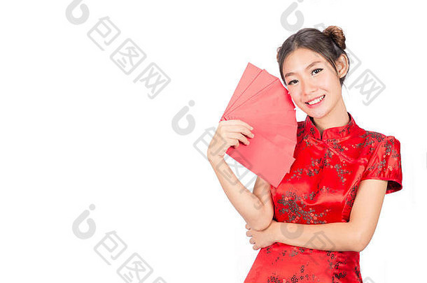 亚洲女孩传统的红色的信封中国人一年概念庆祝中国人月球一年春天节日孤立的白色