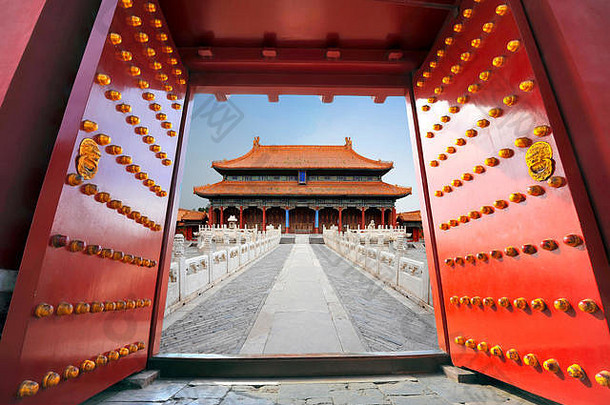 被禁止的城市北京中国大红色的宫门
