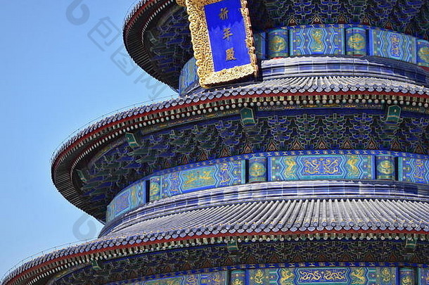 北京寺庙天堂蓝色的屋顶细节中国人艺术装饰