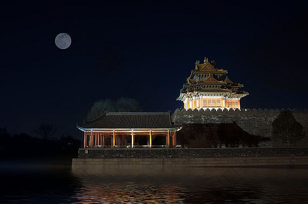 角落里炮塔被禁止的城市包围护城河晚上北京中国