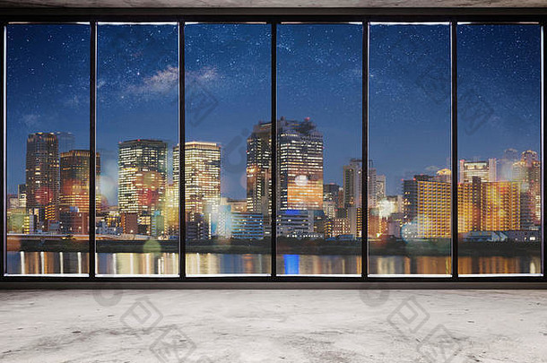 空现代室内空间城市视图晚上布满星星的天空空业务办公室室内