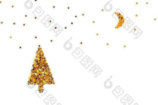 圣诞节树月亮布满星星的天空使黄金明星形状的<strong>亮片</strong>白色背景
