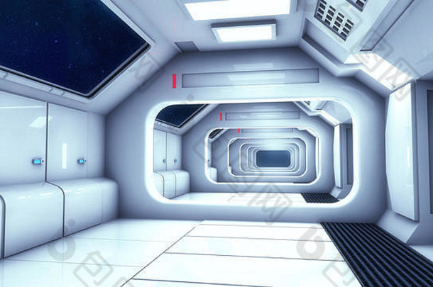 渲染未来主义的宇宙飞船室内走廊