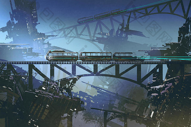 场景未来主义的火车铁路桥被遗弃的城市数字艺术风格插图绘画