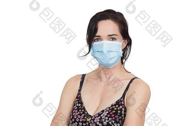 女人穿保护脸面具保护病毒感染孤立的白色