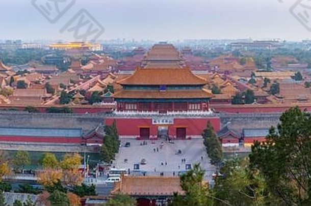 视图被禁止的城市景山公园日落北京西城人民共和国中国亚洲