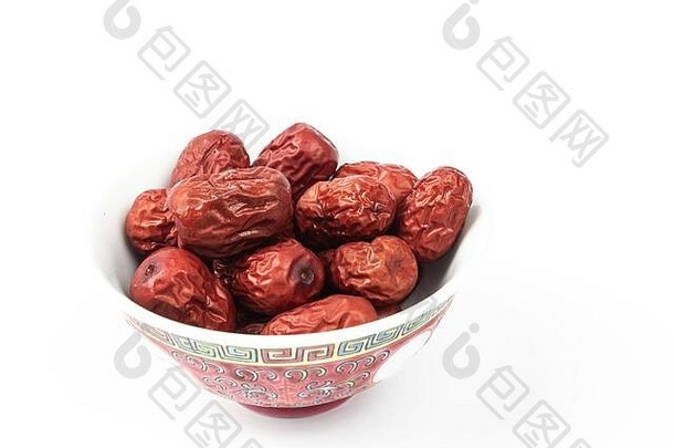 碗中国人干红色的日期水果白色背景关键字只