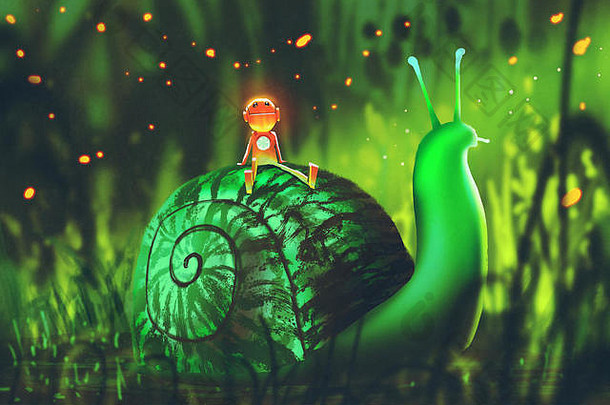 绿色蜗牛可爱的机器人坐在回来晚上森林插图绘画