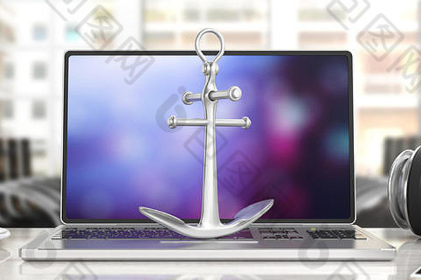 锚新闻概念金属闪亮的船锚电脑键盘模糊办公室业务背景插图