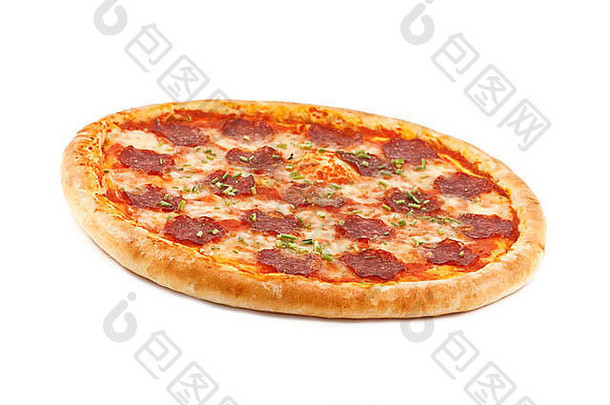 意大利蒜味腊肠披萨孤立的白色