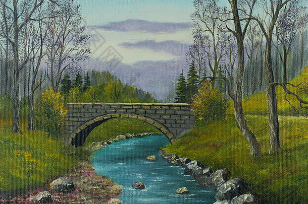 石油绘画石头桥河