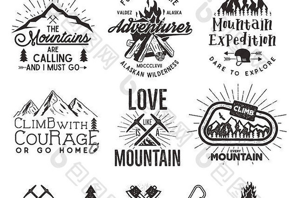 集山攀爬标签山探险象征古董徒步旅行轮廓标志设计元素复古的凸版印刷的风格孤立的荒野补丁徽章