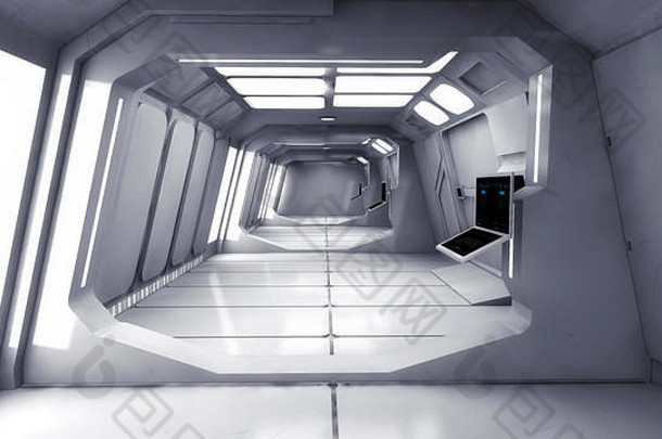 渲染未来主义的宇宙飞船室内走廊
