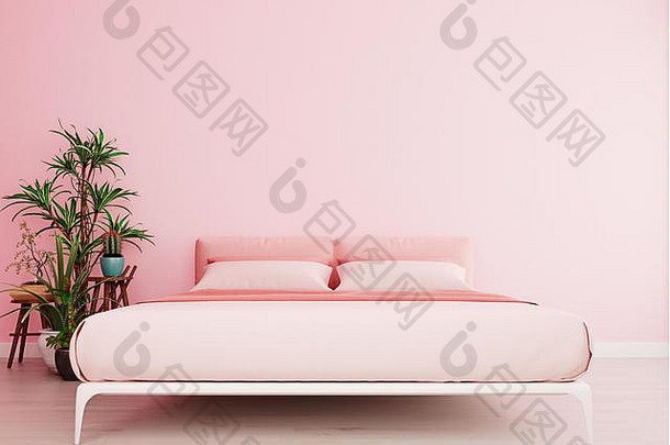 千禧粉红色的模拟墙粉红色的床上现代室内背景卧室斯堪的那维亚风格宽特写镜头渲染插图