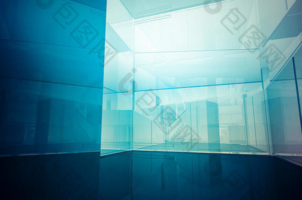 住宅空办公室列大窗户室内建筑业务空间蓝色的光影响