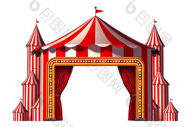 马戏团空白空间阶段帐篷设计元素集团大前狂欢节帐篷红色的窗帘开放入口有趣的娱乐图标戏剧聚会，派对节日孤立的白色背景