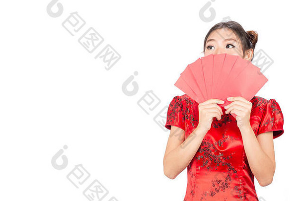 亚洲女孩传统的红色的信封中国人一年概念庆祝中国人<strong>月球</strong>一年春天节<strong>日</strong>孤立的白色