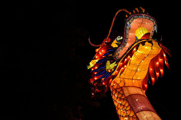 中国人灯笼节日费城宾西法尼亚明亮彩色的龙熊猫动物照亮晚上