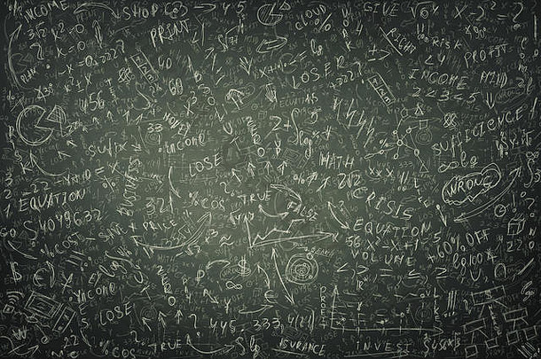 巨大的黑板上纹理粉笔画困难数学计算经济公式方程背景思考项目的想法