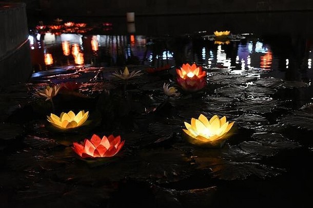 莲花灯笼浮动池塘装饰中国人一年节日苏拉卡尔塔印尼