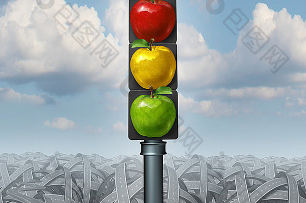 健康的生活方式建议吃健康的概念交通灯绿色黄色的红色的苹果背景纠结的困惑道路方向隐喻饮食节食吃健身物理活动减少压力