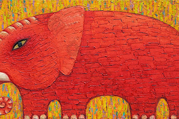 红色的大象黄色的背景原始丙烯酸绘画帆布