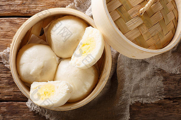 中国人蒸奶油蛋奶沙司好特写镜头表格水平前视图