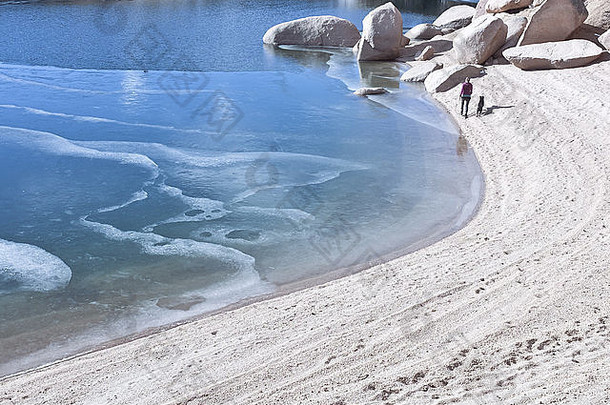 女人狗走海滩冻湖科罗拉多州曼联州