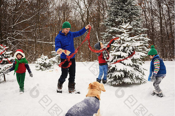 父亲孩子们装修圣诞节树花园金寻回犬狗看