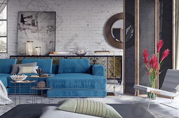 现代室内设计公寓蓝色的沙发红色的花呈现