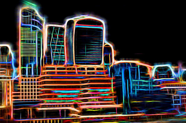 晚上城市插图霓虹灯发光生动的颜色未来主义的插图金融区伦敦城市伦敦