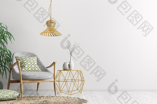室内生活房间金咖啡表格灰色的扶手椅首页设计呈现