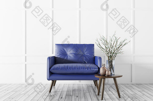 室内生活房间木咖啡表格蓝色的皮革扶手椅白色镶板墙呈现