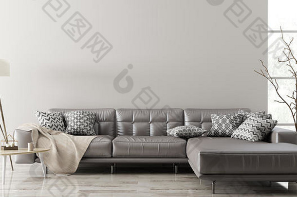 现代室内生活房间棕色（的）皮革角落里沙发咖啡表格地板上灯呈现