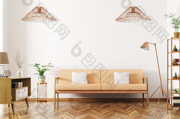 现代室内设计生活房间橙色沙发餐具柜灯架子上呈现