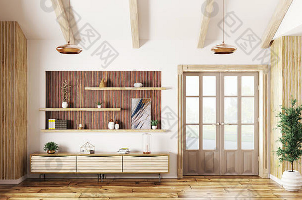 现代室内生活房间木餐具柜通过呈现