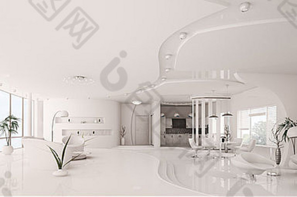 现代室内设计白色公寓全景渲染