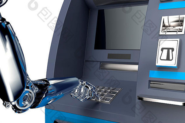 自动取款机现金机机器人手孤立的白色背景插图