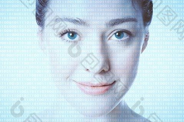 人工情报女程序员编码器二进制电脑代码叠加脸女人