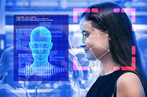 侧面图女人透明度数字扫描人未来主义的技术脸检测
