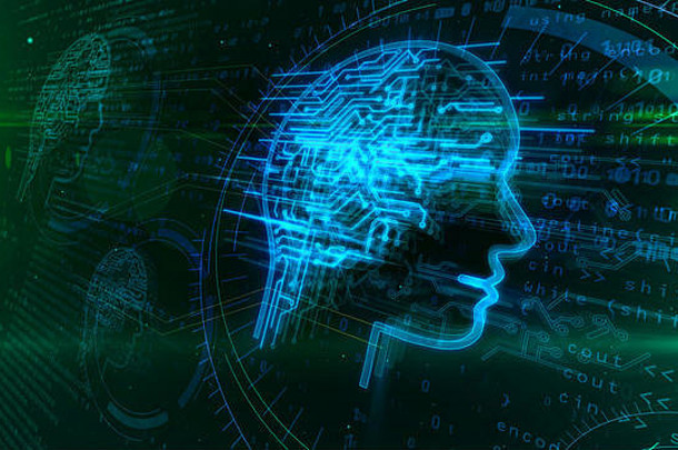 人工情报深机学习网络心概念插图脸形状全息图未来主义的控制论大脑动态
