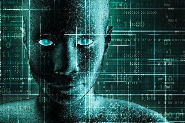未来主义的科幻人类安卓肖像印刷电路板金属皮肤二进制代码绿色背景技术机器人科学transhuma
