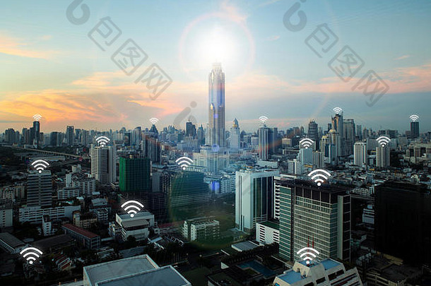 无线网络图标曼谷城市网络连接概念曼谷聪明的城市无线沟通网络摘要图像视觉互联网