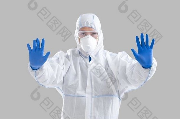病毒学家面具保护西装停止冠状病毒疫情