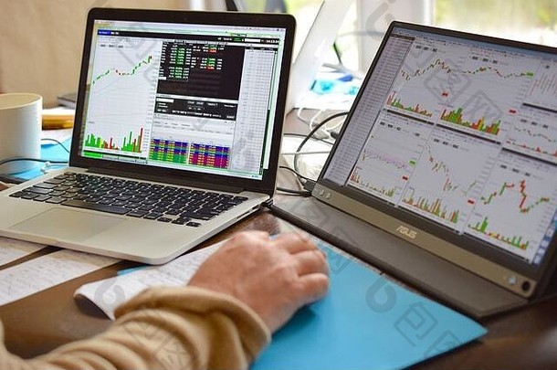 股票市场交易员工作在线图表图监控